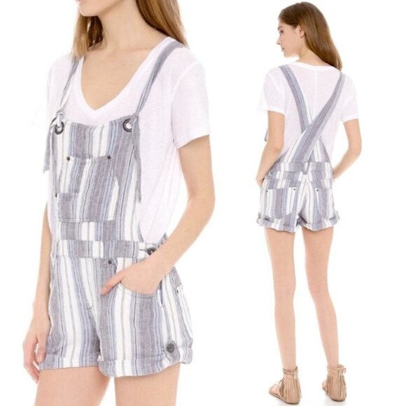 Free People Linen Striped Overall Shorts - Picture 1 of 11